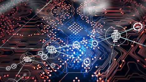 circuit board with glowing connections and data processing animation