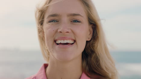 portrait beautiful woman laughing on beach enjoying summer looking happy independent female feeling positive having fun summertime by the sea 4k footage