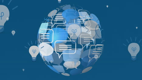 animation of light bulbs and speech bubble forming globe on blue background