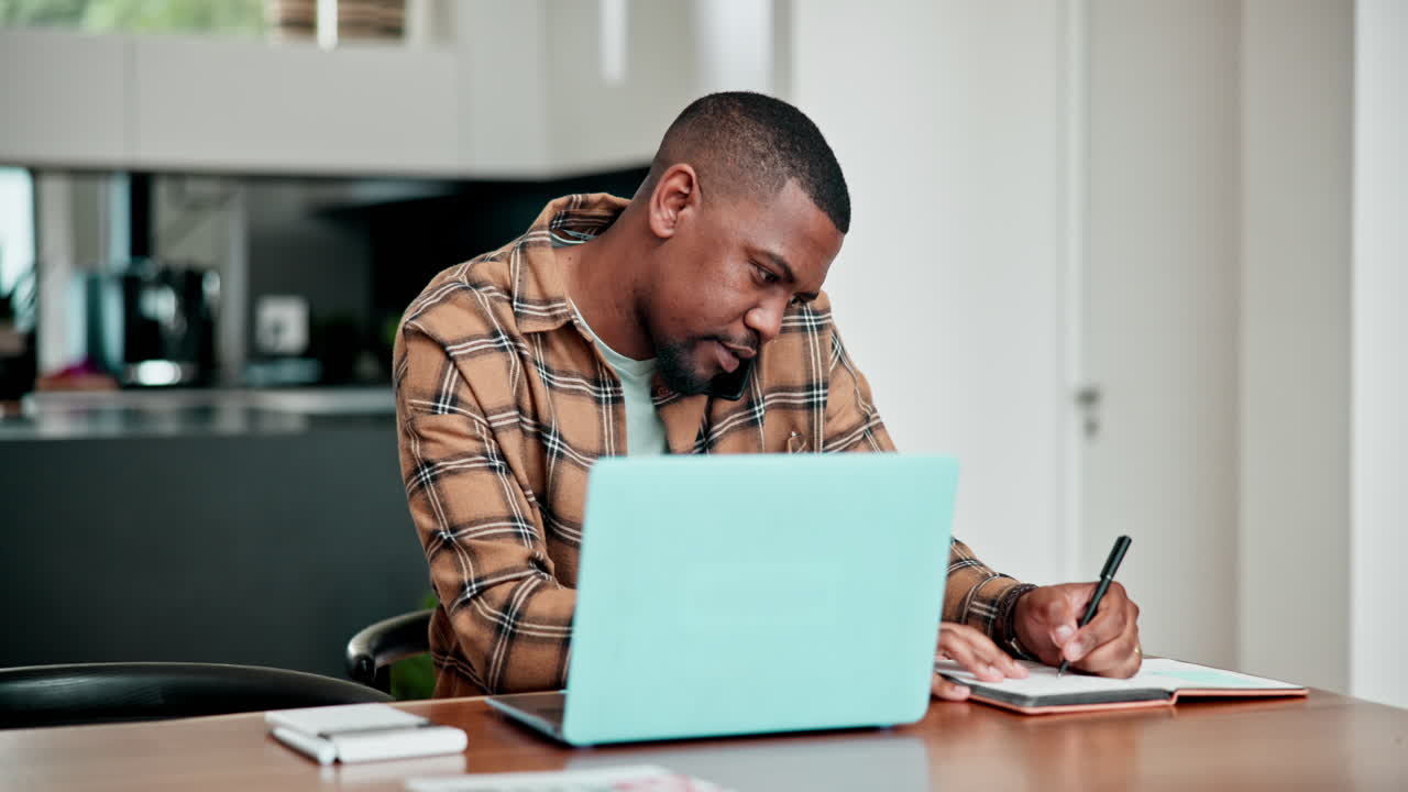 Laptop, phone call and remote work with a black
