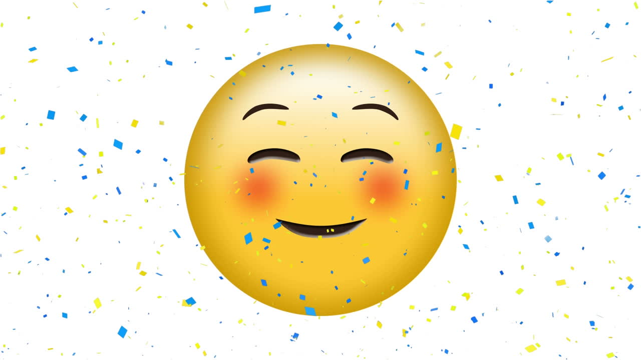 animación del icono de emoji feliz sobre el confeti que cae sobre un fondo blanco