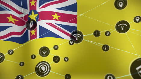 animation of network of connections with icons and flag of niue