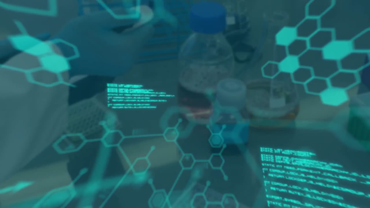animación del procesamiento de datos científicos sobre el científico en el laboratorio