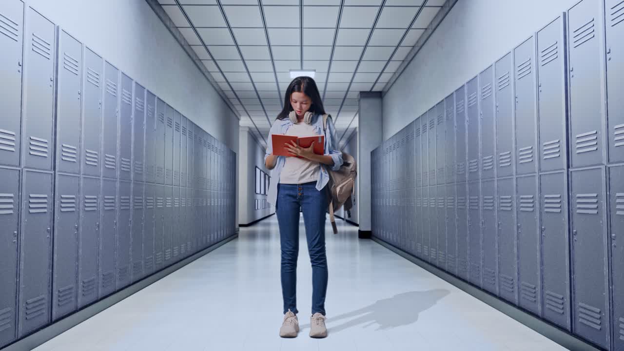 cuerpo lleno de estudiante adolescente asiática con una mochila tomando notas en el cuaderno y pensando luego levantando su dedo índice mientras estaba de pie en el pasillo