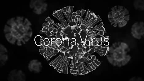 animación de las palabras virus de la corona escritas en blanco en células de coronavirus 3d que se propagan en negro