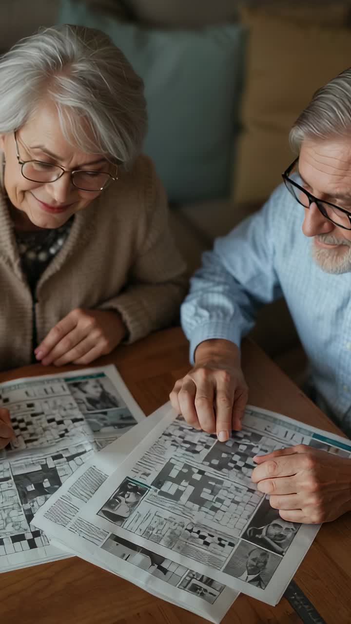 Vertical video: Spotting crossword senior couple with glasses solving puzzles at home with papers