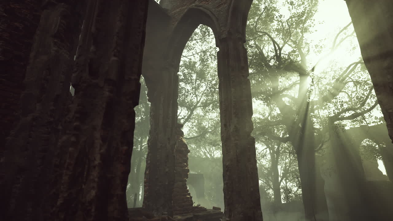 Sunlight streaming through window of ruined monastery