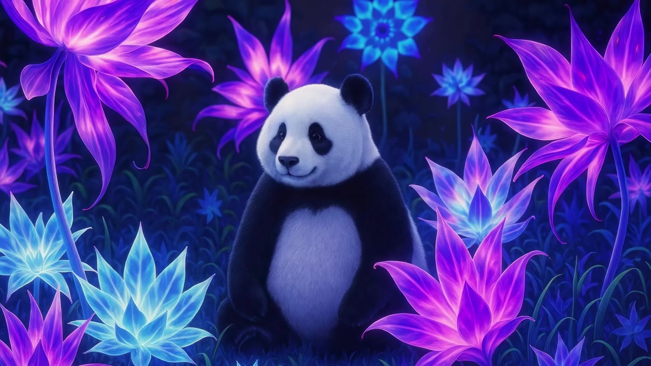 Panda Gigante Seduto in un Giardino Fiorito Magico e Luminoso