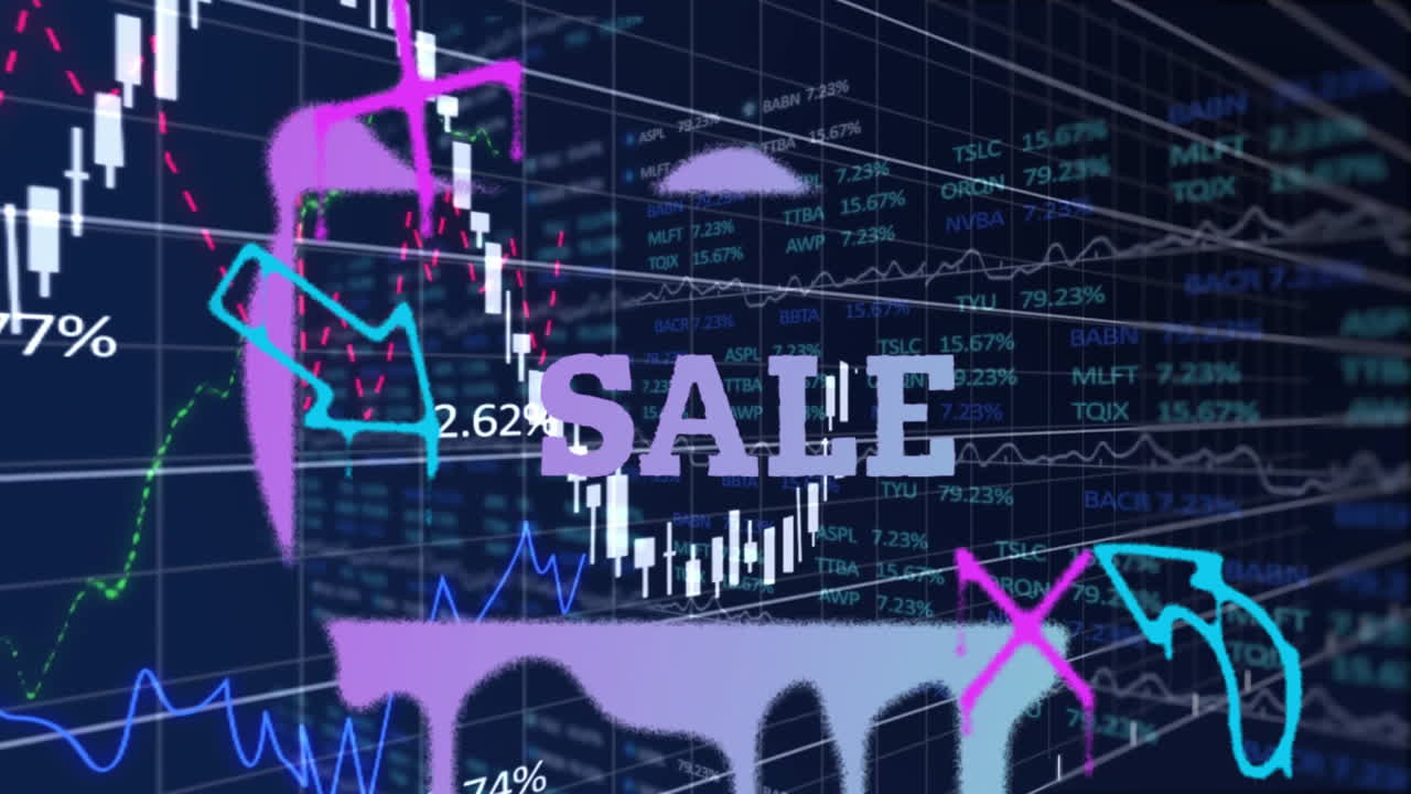 Animation of colorful abstract graphics with SALE text over financial charts