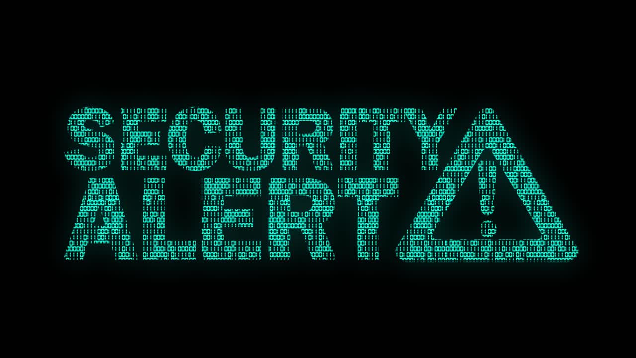 Classic animated Security Alert message with Warning Sign with animated binary code texture in teal color scheme on a black background