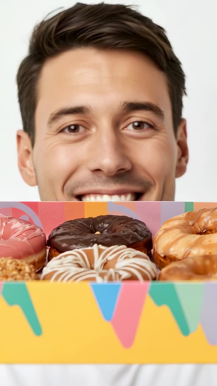 Vertical video: Camera focusing on man in white shirt holding donut box in studio, tasting donut