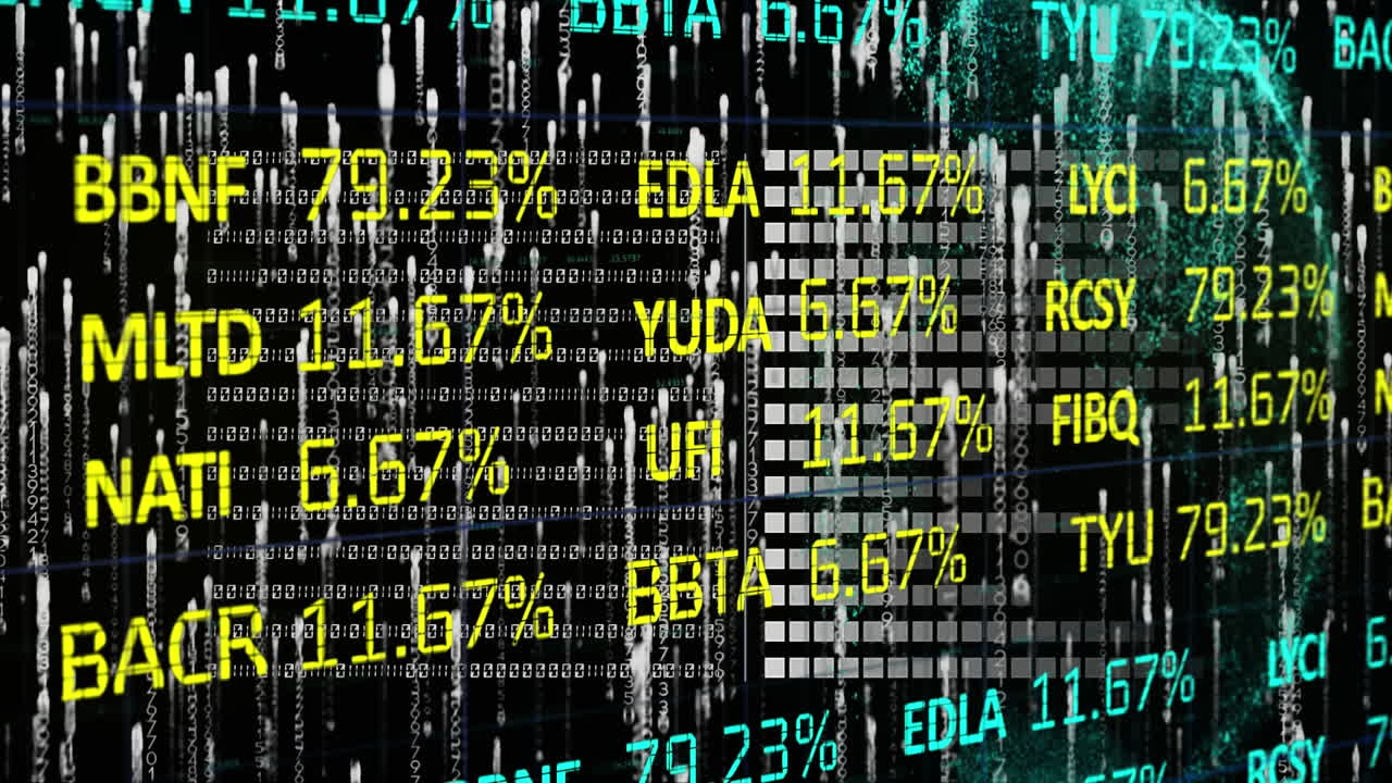 animación de la interfaz de stock financiero, sobre la caída de rastros de luz blanca y procesamiento de datos