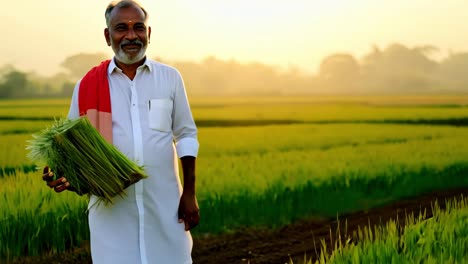 happy farmer in a rice paddy field at sunrise