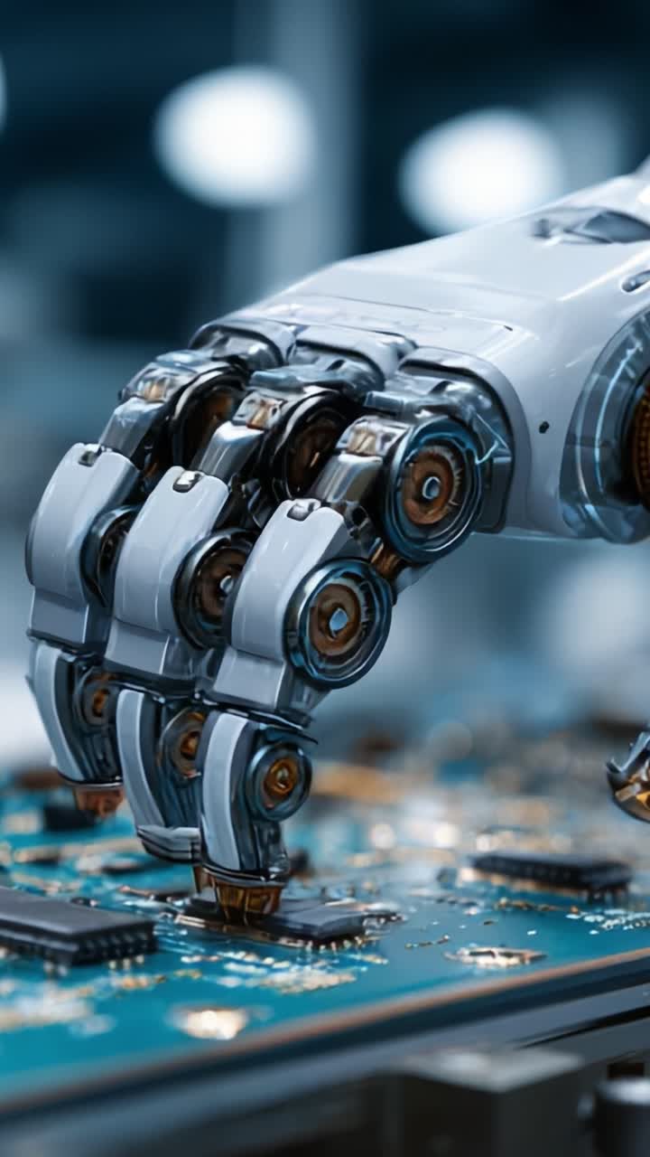 Explorando el futuro de la tecnología: una mano robótica manipula con destreza placas de circuitos con precisión para mejorar los procesos de fabricación de productos electrónicos