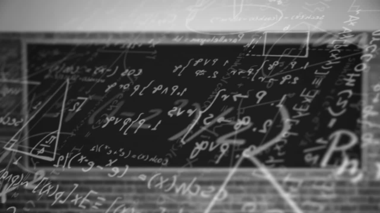 검은 바탕에 떠다니는 수학 방정식과 다이어그램의 디지털 애니메이션