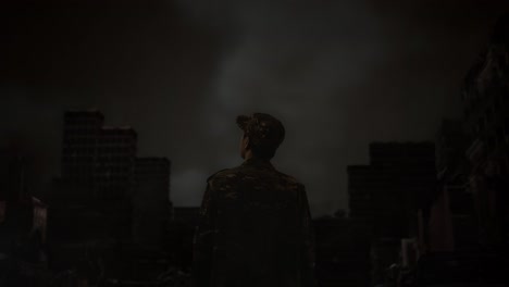 back view of asian male soldier looking around while standing in the midst of a ruined city after a war