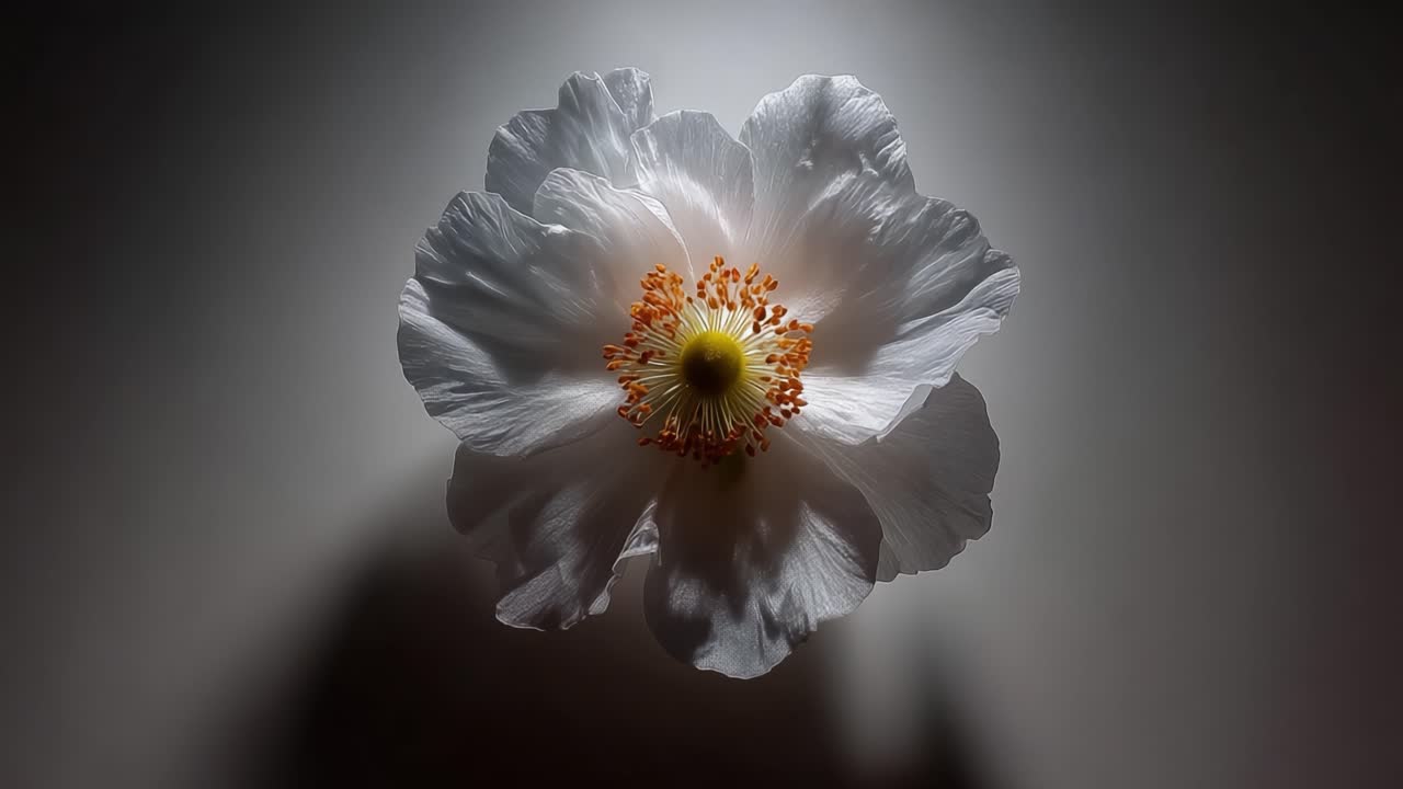 A Stunning Close-Up of a White Flower Highlighted by Soft Shadows and Light, Showcasing Delicate Petals and Vibrant Stamens Against a Muted Background