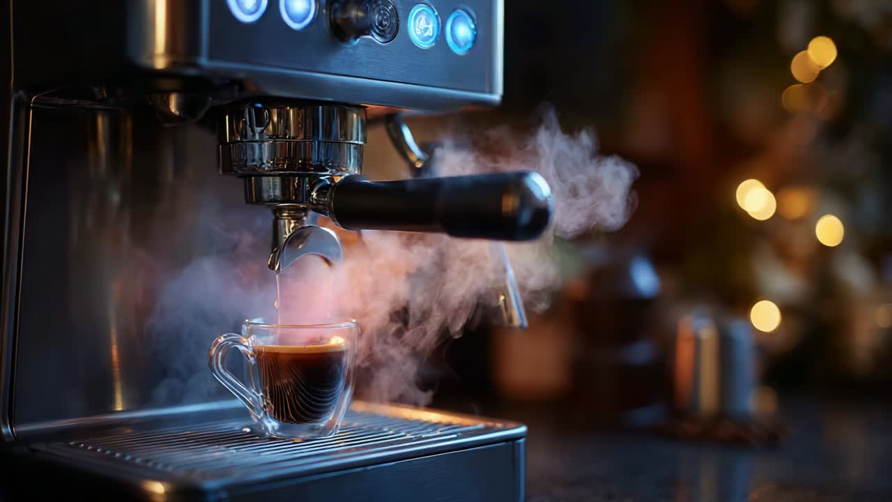 A Barista's Delight: Capturing the Art of Espresso Making with a High-End Machine, Revealing Skillful Techniques as Rich, Aromatic Shots are Pulled Under Warm Ambient Lighting