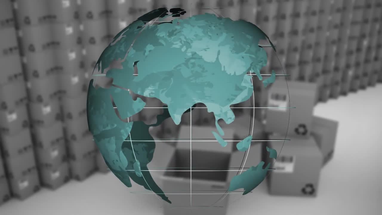 animación del globo sobre las cajas en el almacén.