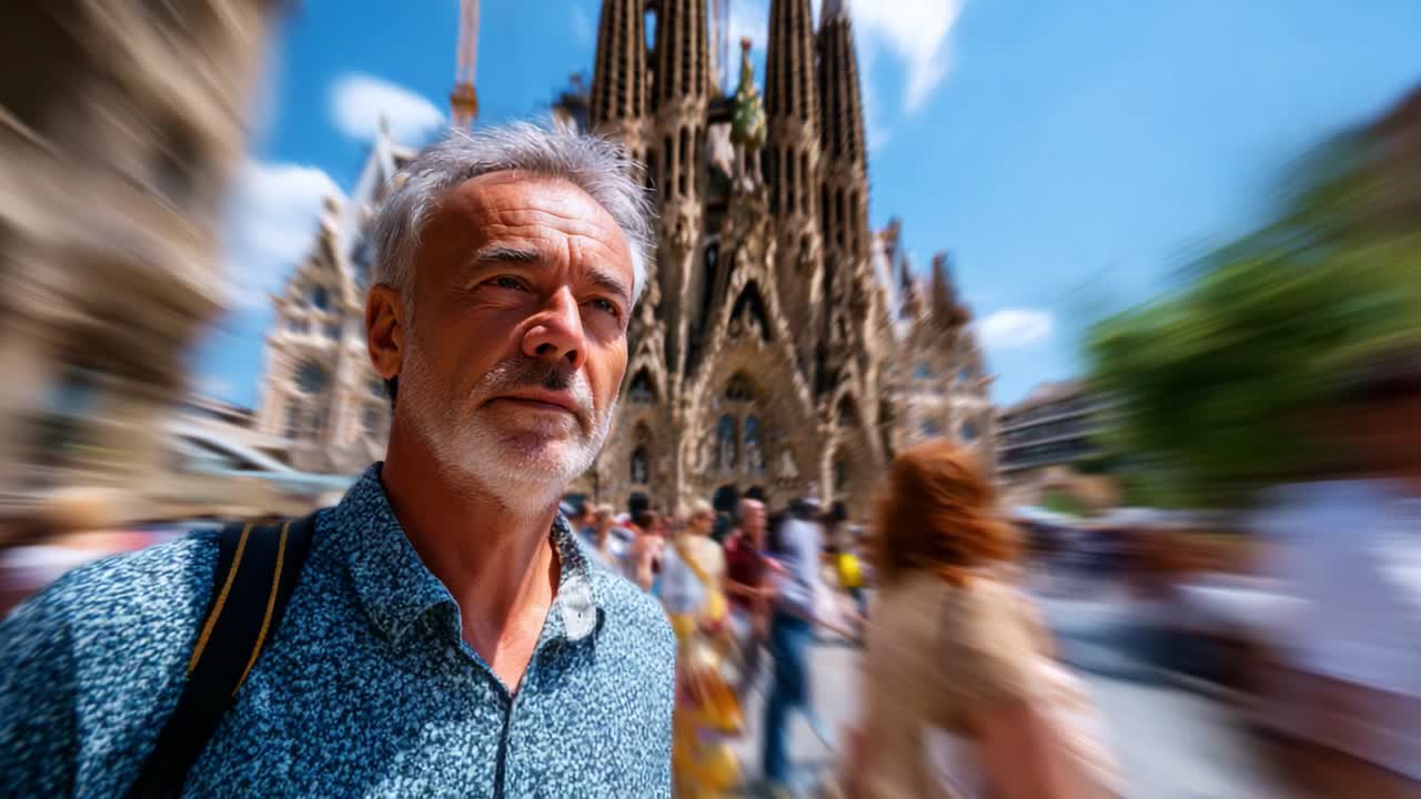 Un viaggiatore riflessivo si ferma di fronte alla magnifica Sagrada Familia, assorbendo l'atmosfera vivace e l'architettura intricata, circondato da una folla animata