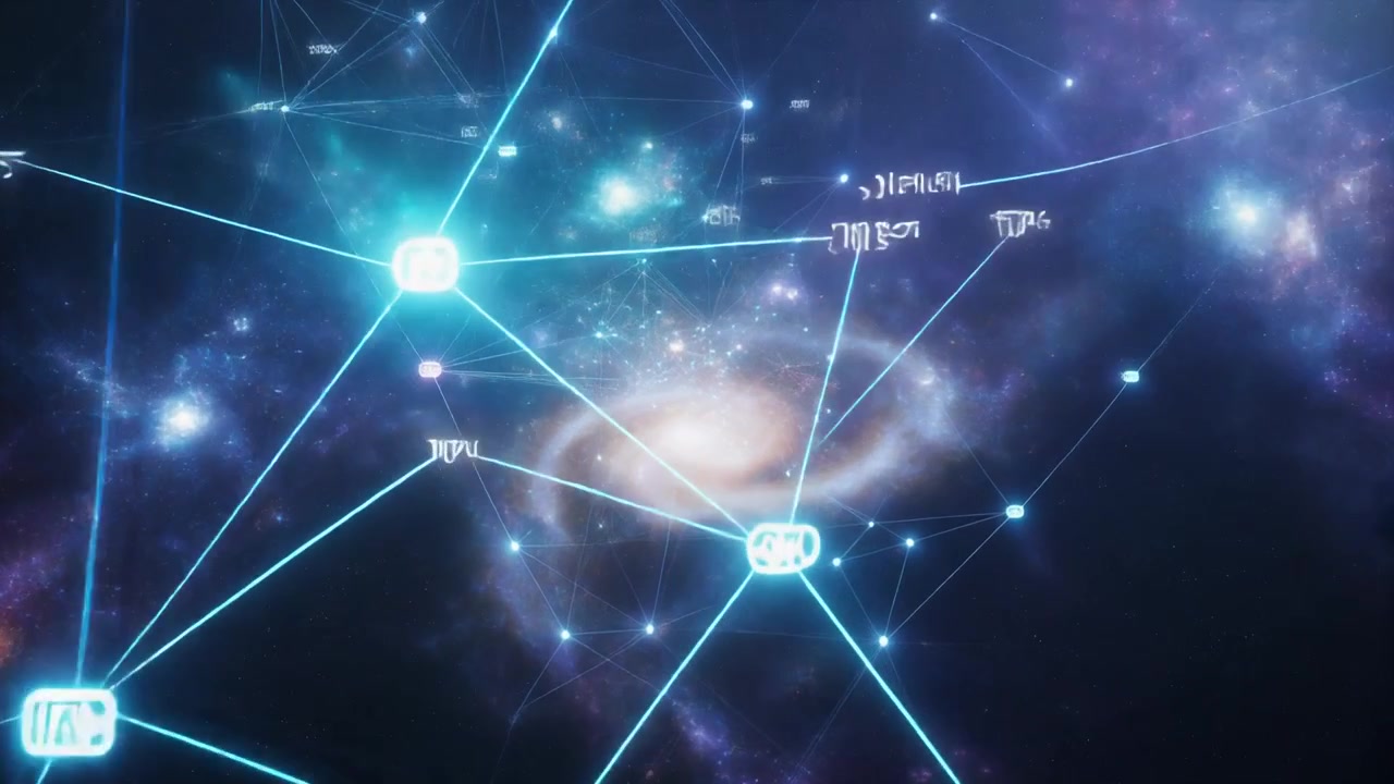Digital Network Connection Overlaid on Spiral Galaxy in Deep Space