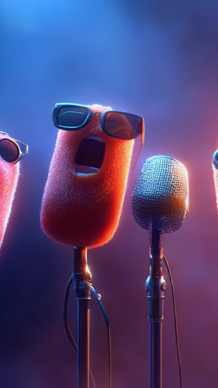 Vibrant Animated Microphone Characters Singing on Stage with Sunglasses and Colorful Lights, Showcasing Fun and Energetic Performances in a Creative Setting