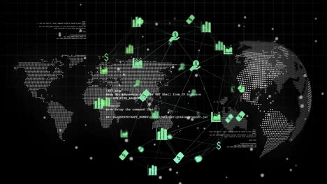 Animación-Del-Procesamiento-De-Datos,-Mapa-Mundial-Y-Globo-Terráqueo-Sobre-Fondo-Negro