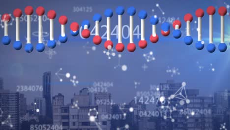 Animation-Einer-DNA-Helix,-Die-Sich-Mit-Molekularen-Strukturen-Dreht-Und-Zahlen-über-Gebäuden-ändert