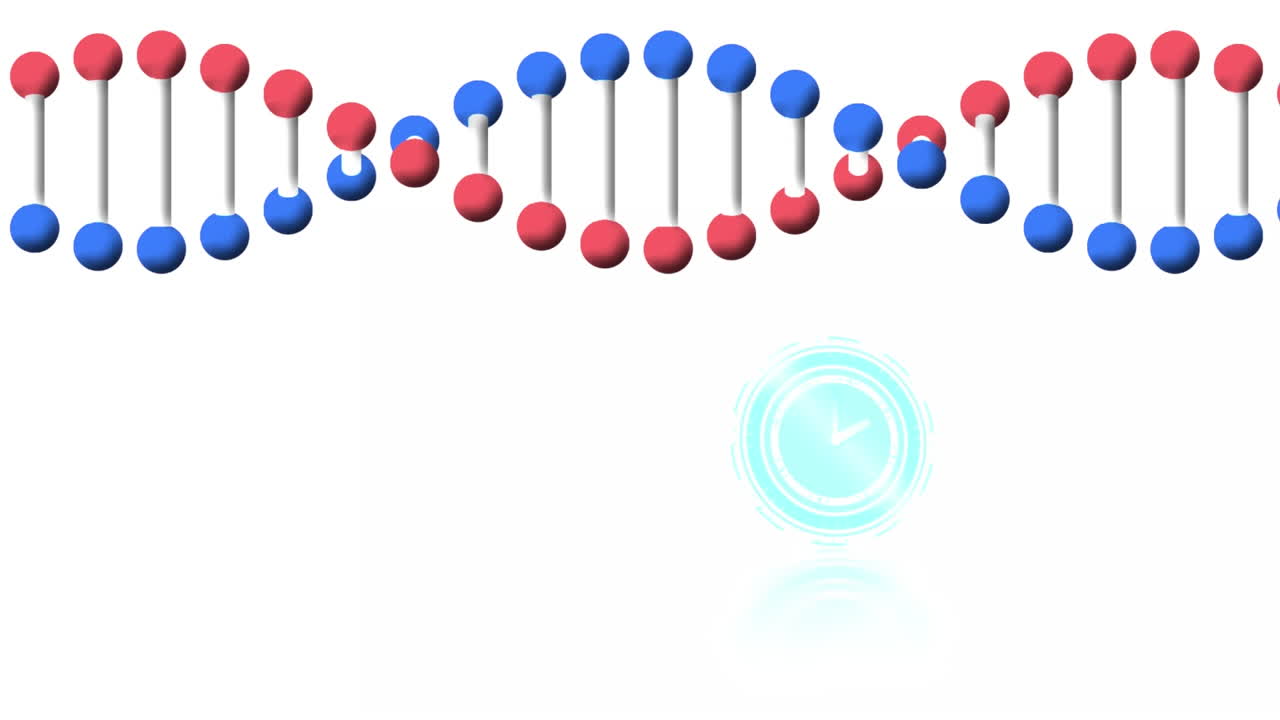 Animation of clock moving fast and dna strand spinning on white background