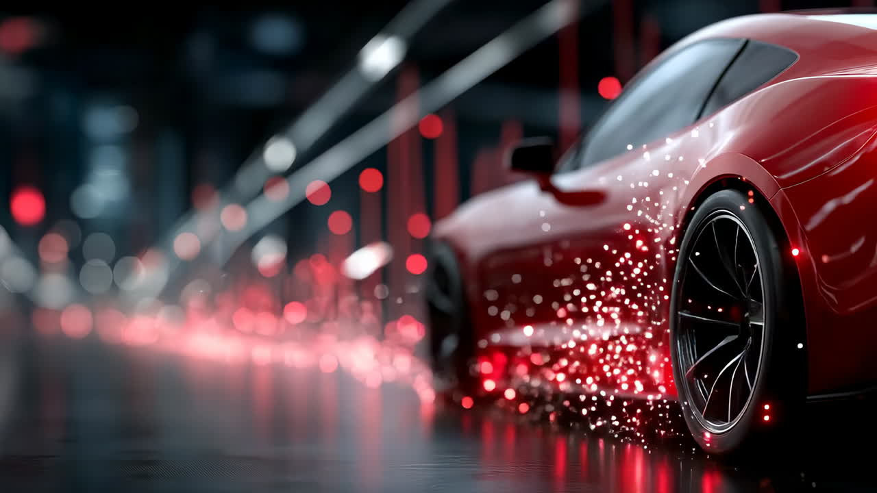 Red sports car in a dark city street. A sleek red sports car is parked on a dark city street, illuminated by glowing lights and reflections