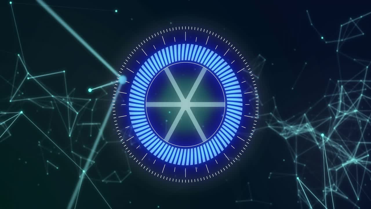 Central HUD appearing, pulsing bars rotating, star shifting, network nodes moving showing data flow