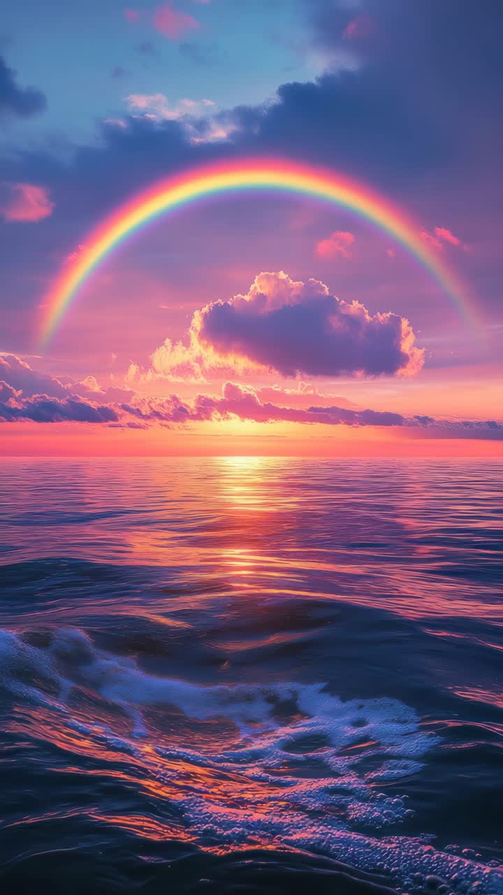 A stunning video concept featuring a low-angle view of a vibrant rainbow over a serene ocean