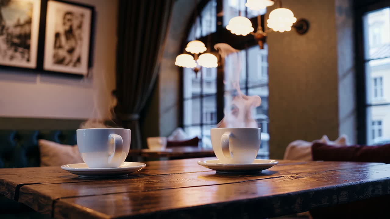 Two cups of coffee in a cozy cafe