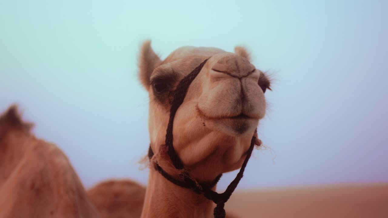 fotografía de cerca de una cabeza de camello de pie en el desierto de las uae