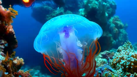 a colorful jellyfish swimming in an aquarium filled with corals