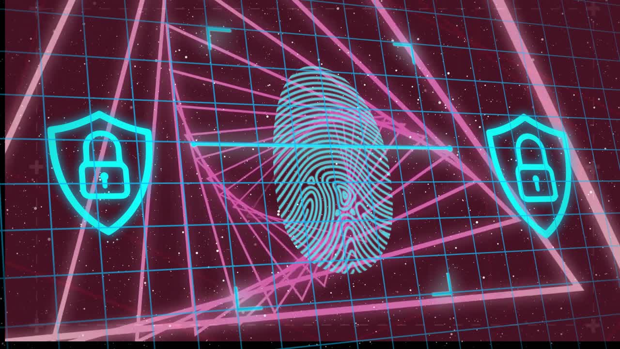 Animation of fingerprint with scanning over neon shapes on purple background