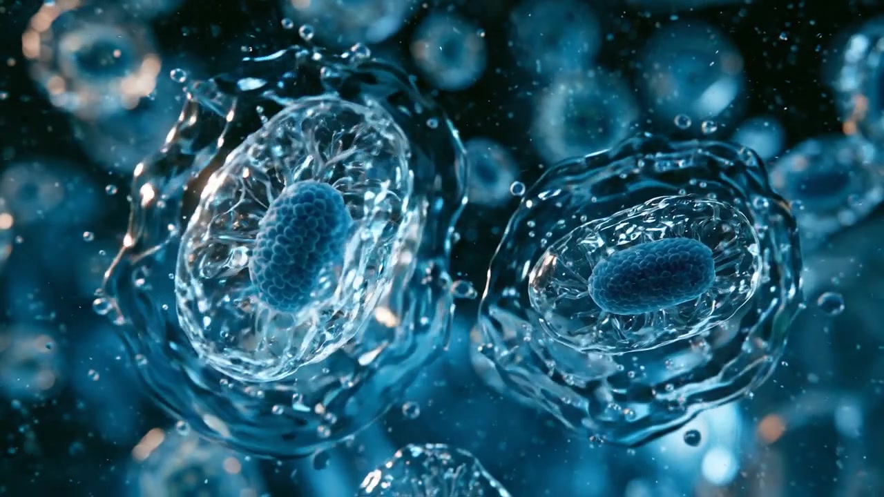 Cellule biologiche blu trasparenti che fluttuano in un fluido microscopico scuro