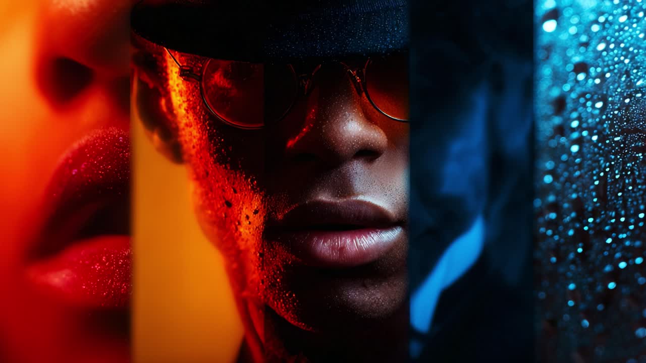 A striking visual fusion showcasing a close-up of a person’s lips and face alongside a mysterious figure wearing sunglasses, juxtaposed with rain-drenched window effects in vibrant colors