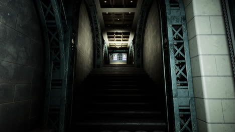 steps leading to a lighted doorway in a dimly lit corridor