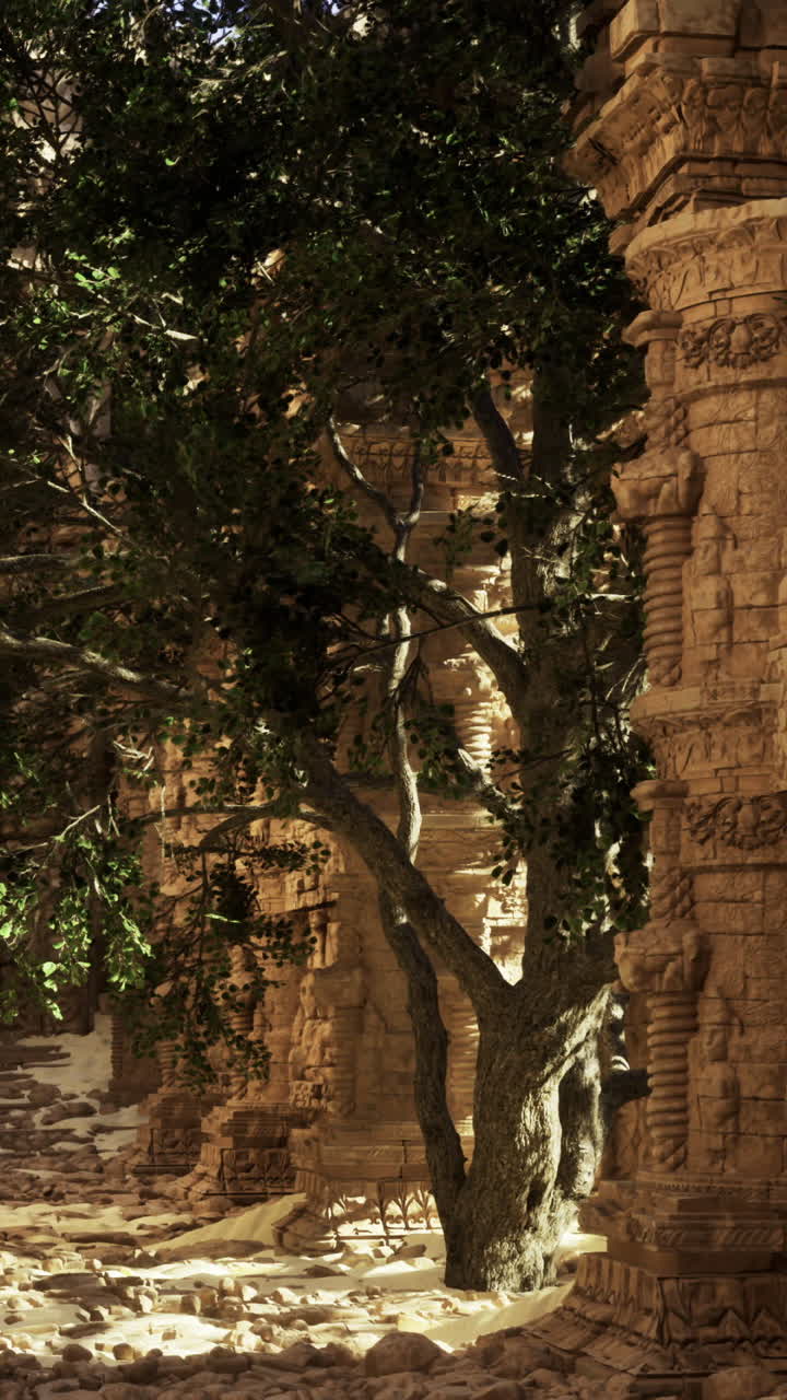 Ruins adorned with detailed carvings stand quietly bathed in soft sunlight