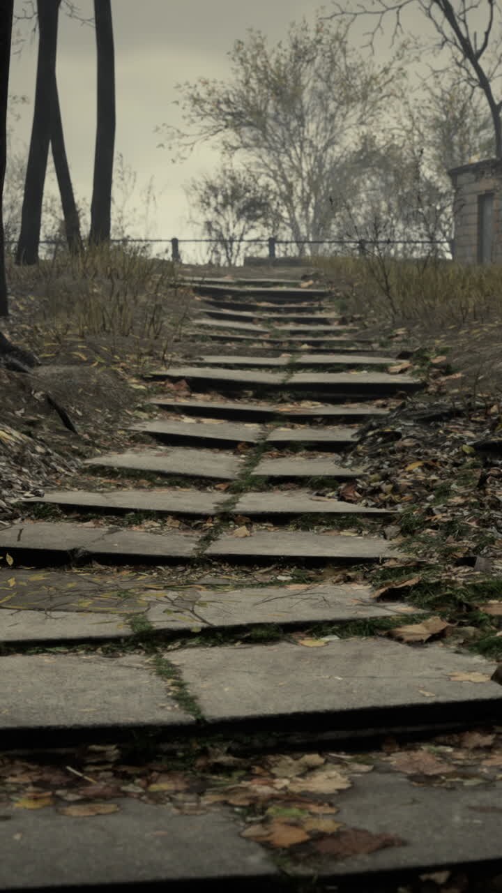 Gloomy Stone Steps Leading Up Through a Misty Forest