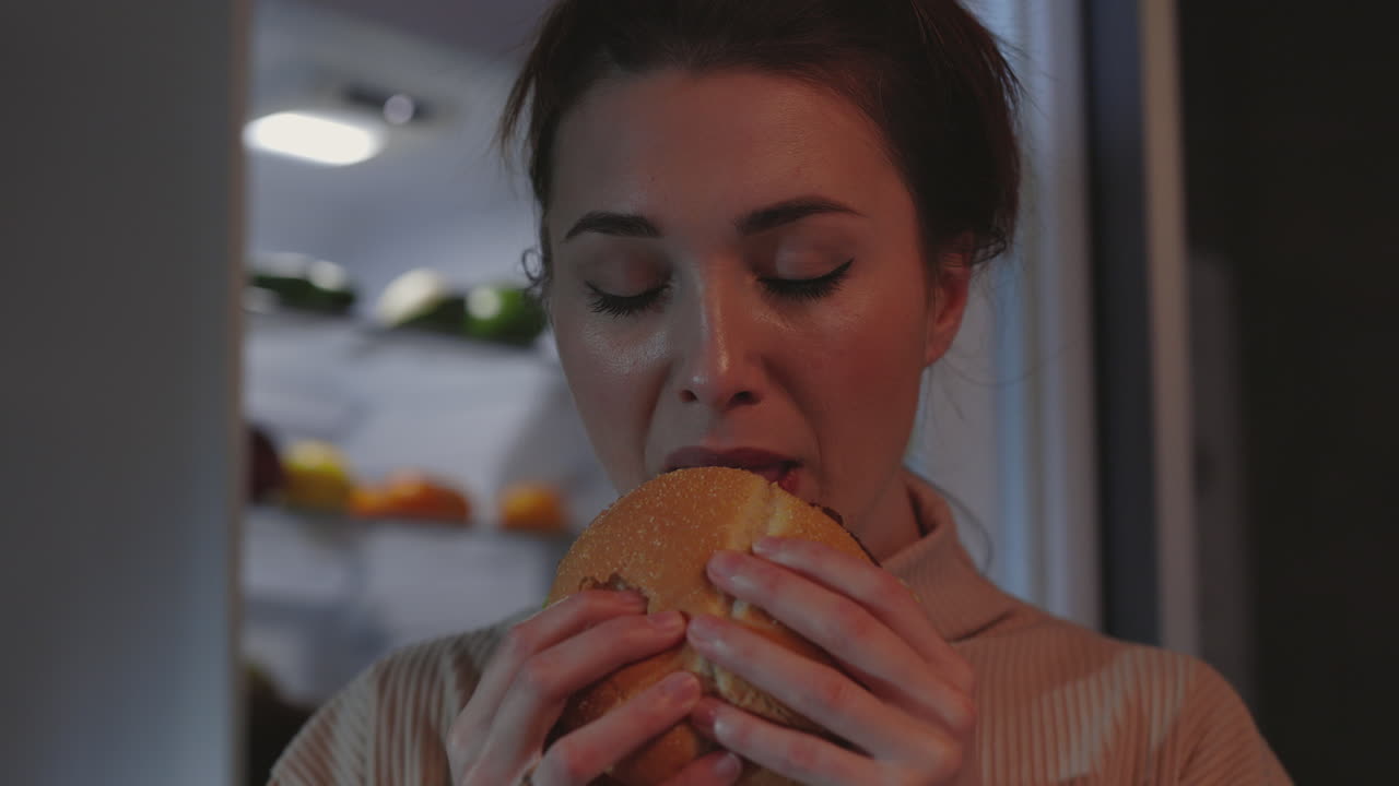 Woman enjoying a cheesy burger