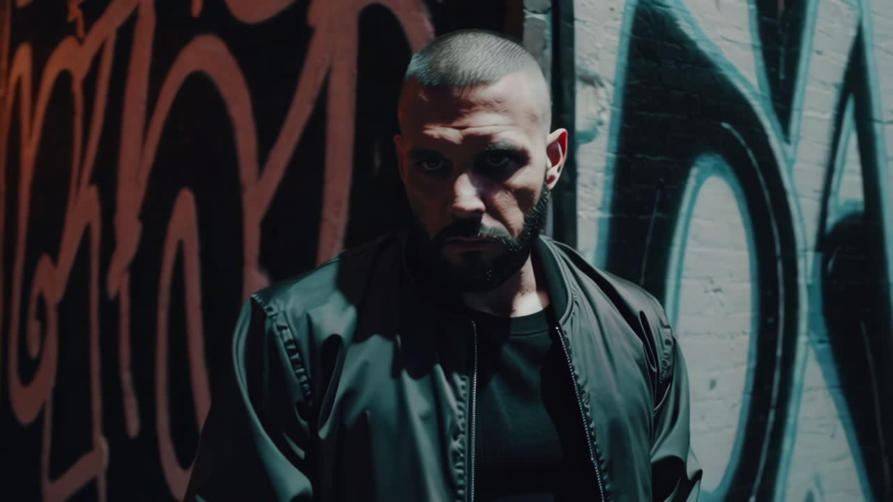 Man in a dark jacket standing next to a graffiti wall at night