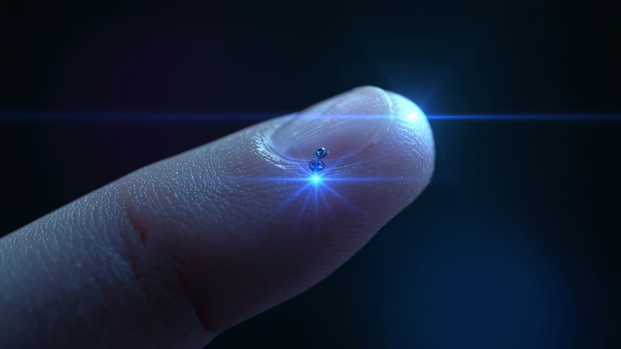 Showing macro fingertip holding tiny metal bead while blue point glowing in studio making starburst