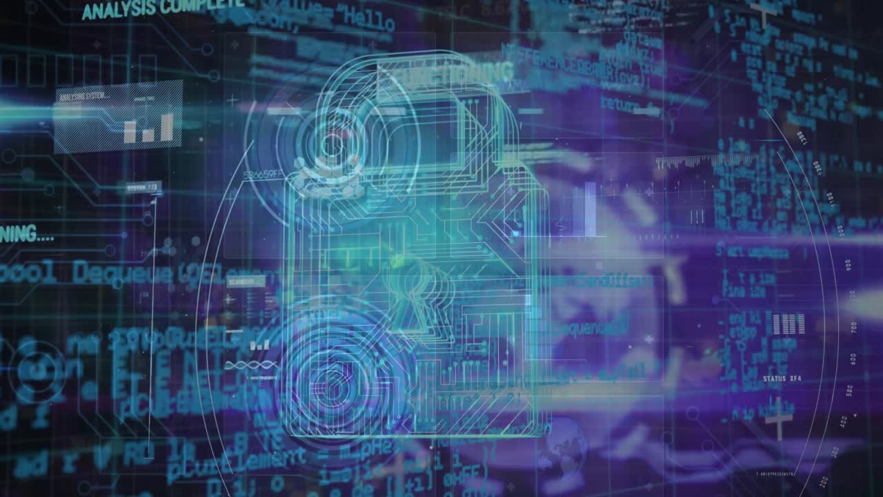 animación del procesamiento de datos, el candado de seguridad en línea y la placa de circuitos