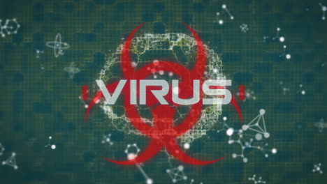 virus text over biohazard symbol against molecular structures and human brain on green background