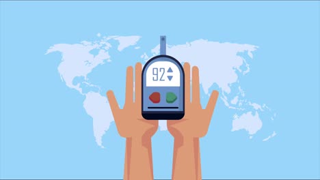 animación de la enfermedad de la diabetes con las manos levantando glucometro y mapas de la tierra