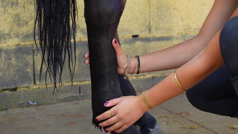 close up of female hands with jewelry stroking down a leg to remove water after bathing