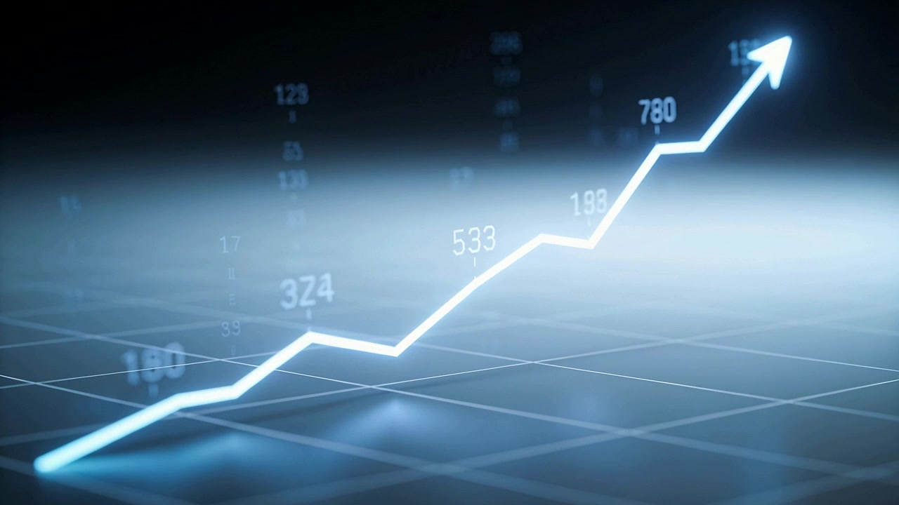 Partendo dalla linea di base sinistra, una linea di tendenza luminosa sale su una griglia 3D, superando le etichette dei nodi e mostrando una tendenza al rialzo.