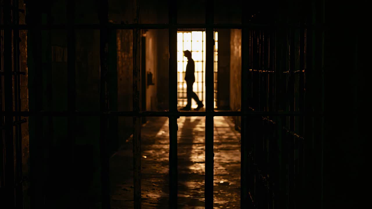Walking man framed by bars responding to backlit gate, pausing and operating wall panel in corridor